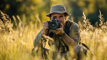 A nature photographer taking photos in a tall grass field.
