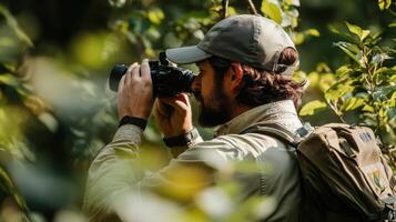 A man photographs wildlife in a dense forest. photo