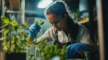 Woman examining plants in a laboratory setting. photo