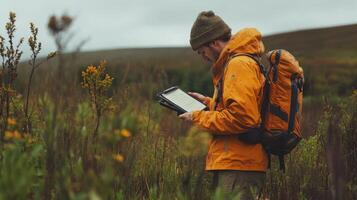 A person in an orange jacket examines a tablet in a field. photo