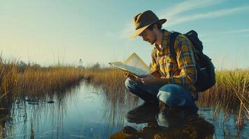 Man reads book in marshy area at dawn. photo