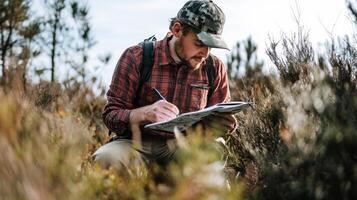 Outdoorsman meticulously studying a map in natural surroundings. photo