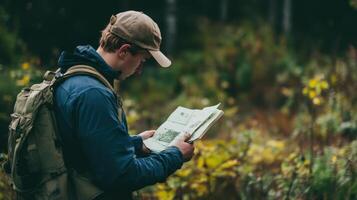 Focused individual studying a map in the woods. photo