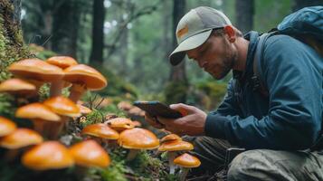 A focused person examines fungi in a woodland setting. photo
