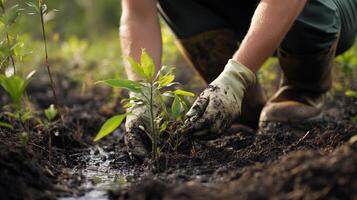 Close-up of hands planting a young sapling in the earth. photo