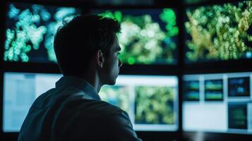 Focused individual observing multiple computer screens. photo