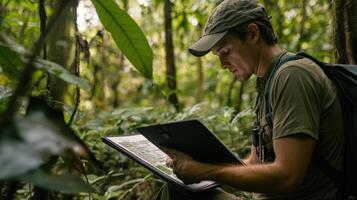 Focused researcher examines a map in a lush forest. photo