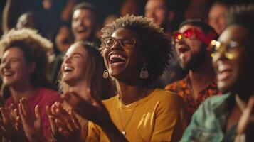 A diverse audience joyfully laughing in a theater. photo