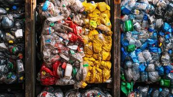 Colorful plastic waste compressed into stacked containers. photo