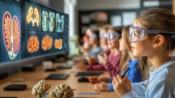 Children studying medical images on computers. photo