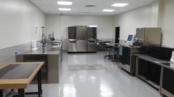 Modern stainless steel kitchen equipment in a commercial space. photo
