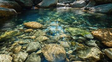 Crystal-clear mountain stream reflecting sunlight on rocks. photo