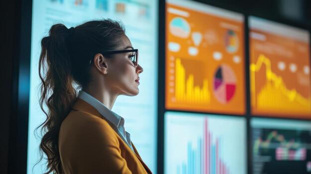 A woman analyzes data charts on digital computer screens photo