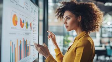 A businesswoman analyzes displayed charts with a focused and thoughtful expression photo