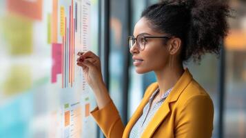 A professional woman analyzes charts and graphs on a glass wall photo