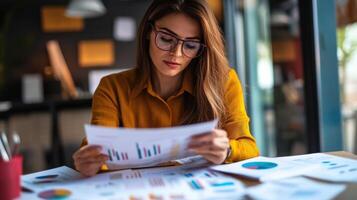 Woman in glasses reads papers with charts and graphs photo