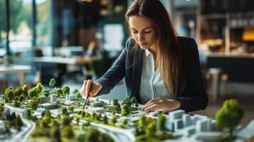 An architect examining a detailed model of urban landscape design photo