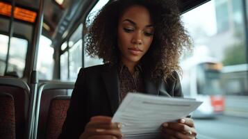 A woman intently reads papers while riding the public bus photo