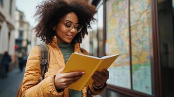 A woman reads a book while sightseeing on a street photo