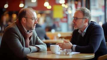 Two men engage in conversation in a cafe. photo