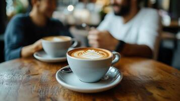 Two cups of coffee with latte art on a wooden table photo