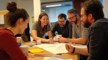 Collaborative group of people analyzing papers around a table together photo