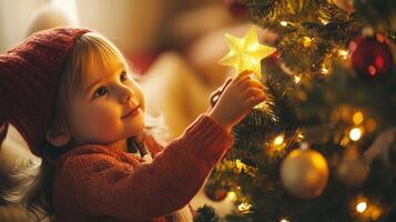 A toddler adorns a Christmas tree with a star ornament. photo