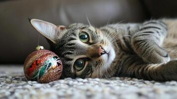 Relaxed tabby cat with a festive holiday ornament. photo