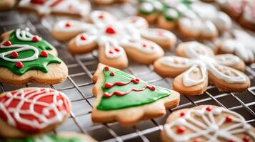 Festive Christmas cookies arranged on a wire cooling rack. photo