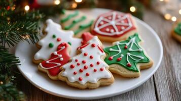 Festive Christmas cookies decorated with icing and holiday themes. photo