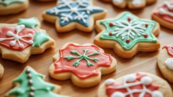 Colorful Christmas cookies, decorated with icing, create a festive display. photo