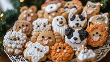 Festive animal-shaped gingerbread cookies on a platter. photo