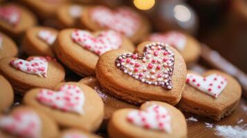 Heart-shaped gingerbread cookies, decorated with pink and white sprinkles. photo