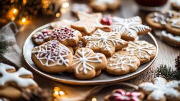 Festive gingerbread cookies arranged on a plate. photo
