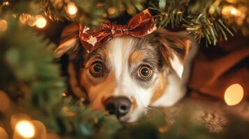 Playful dog peeking from beneath a Christmas tree. photo