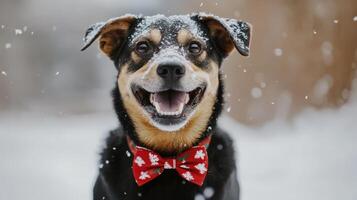 Playful dog in a festive bowtie, enjoying a snowy day. photo