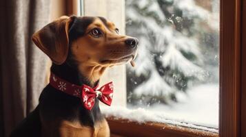 A small, mixed-breed dog gazes thoughtfully out a snowy window. photo