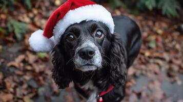 A black and white dog wearing a santa hat photo
