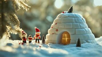 Snowy winter scene with igloo and miniature figures. photo