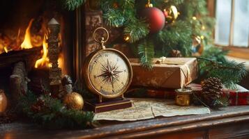 Festive Christmas scene with compass on a wooden surface. photo