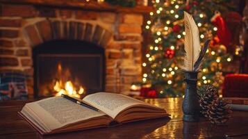 Cozy christmas eve with a book and fireplace. photo