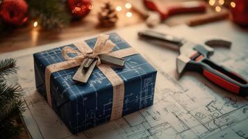 Holiday gift nestled amongst blueprints and tools for a home improvement project. photo