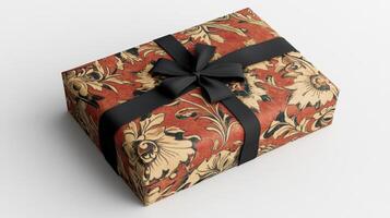 Ornate gift box wrapped in a rich, patterned paper. photo