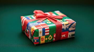 International gift box adorned with various national flags. photo
