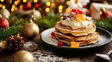Festive Christmas pancake stack topped with whipped cream and berries. photo