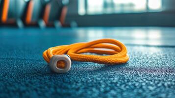 Close-up of vibrant orange jump rope on gym floor. photo