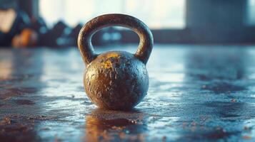 Rusty kettlebell on a textured exercise floor. photo