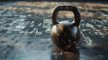Close-up view of a vintage kettlebell on a textured surface. photo