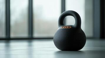 Modern kettlebell resting on a smooth floor. photo