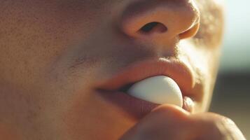 Close-up view of a person chewing a round, white object. photo